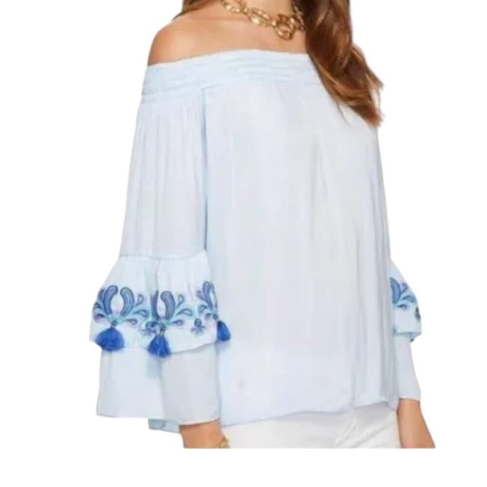 Lilly Pulitzer womens xxs blue off shoulder top tassle fringe flaw cute beachy